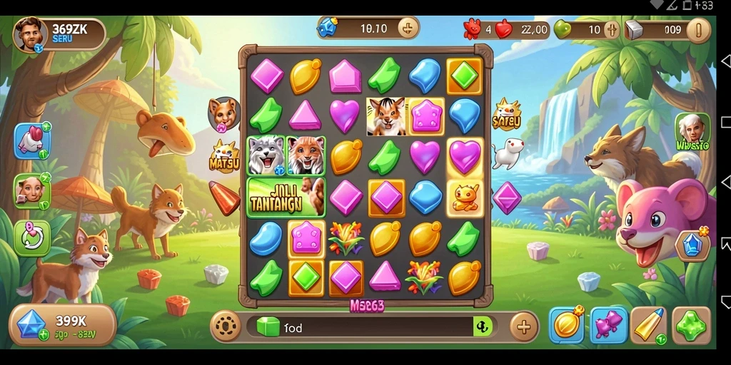Screenshot gameplay 369ZK menunjukkan tantangan mencocokkan elemen Match-3.
