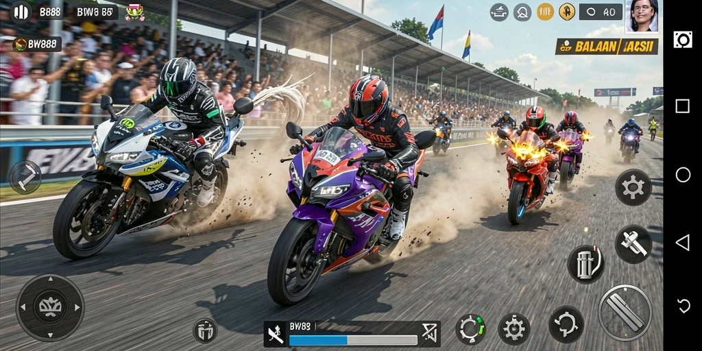 Tampilan grafis gameplay balapan motor yang mendebarkan.