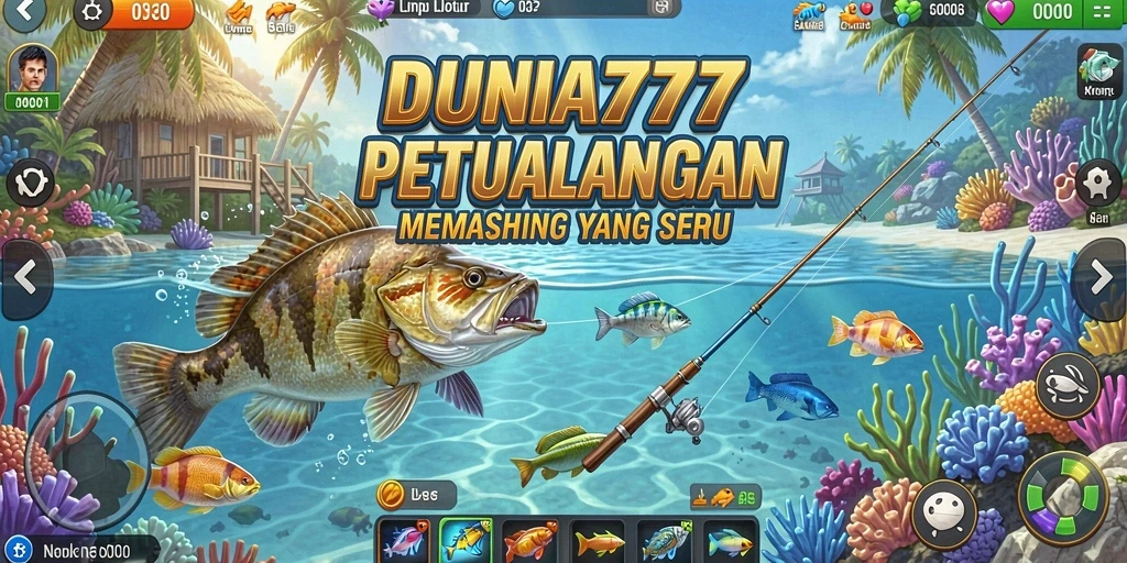 Screenshot DUNIA777 menampilkan pemain sedang memancing di lokasi indah.