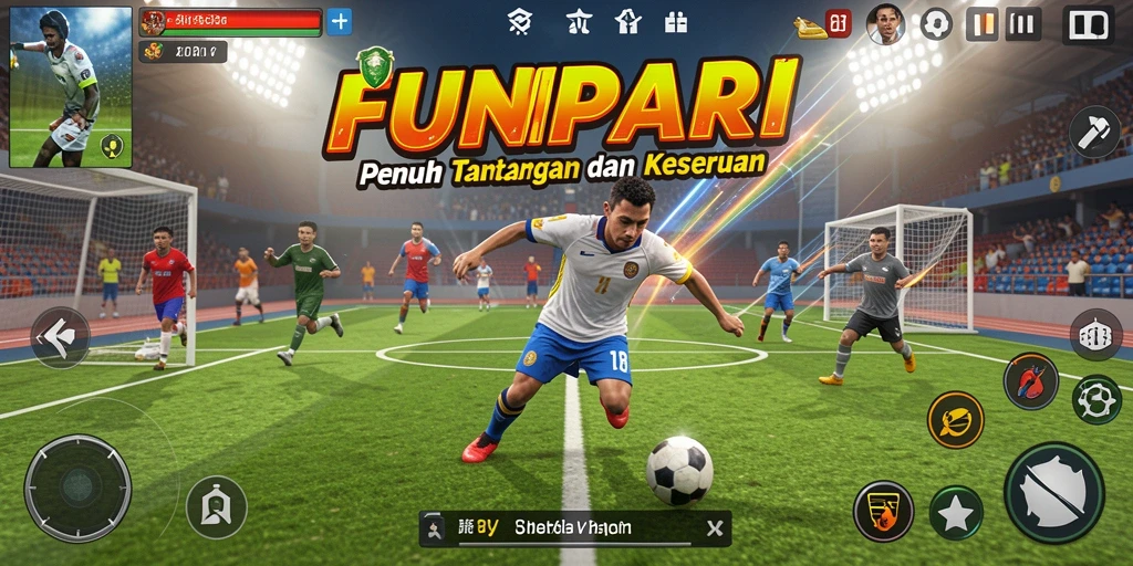 Screenshot utama FUNPARI menampilkan aksi seru dalam permainan olahraga.
