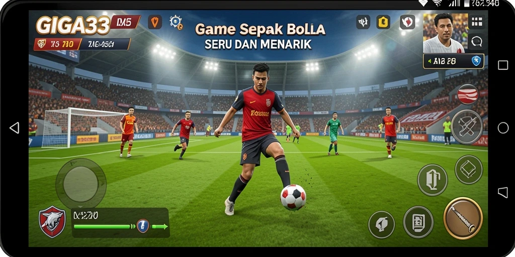 Tangkapan layar utama GIGA33 menampilkan aksi menarik dalam permainan sepak bola.