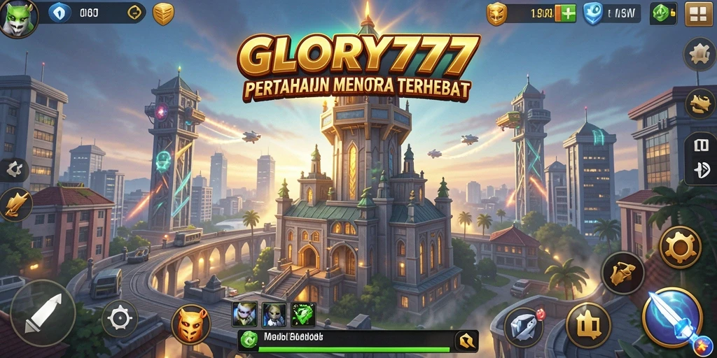 Screenshot permainan GLORY777 menampilkan momen epic pertempuran Tower Defense.