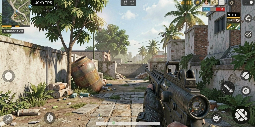 Screenshot gameplay LUCKYDF menampilkan pertempuran seru di medan perang.
