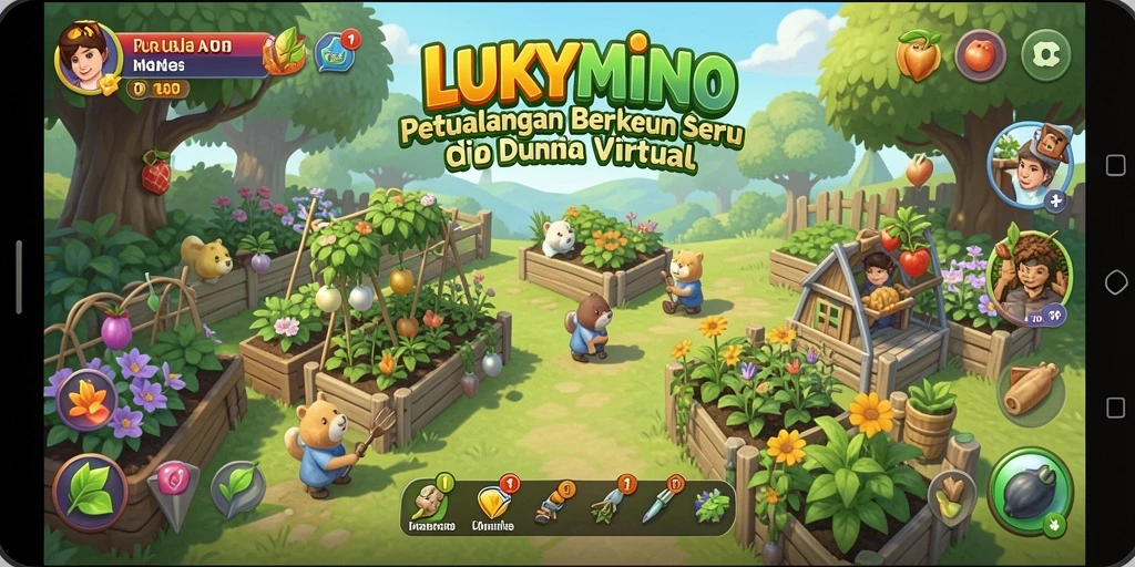Screenshot gameplay LUKYMINO menampilkan kebun subur dan hewan ternak yang ceria.