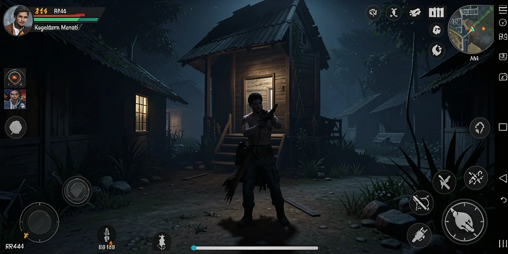 Screenshot gameplay RR44 memperlihatkan suasana mencekam di lokasi angker.